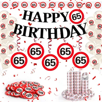 Productafbeelding van Verjaardagsdecoratieset: 65 jaar. Inclusief verkeersborden, ballonnen, vlaggen, slangen en confetti