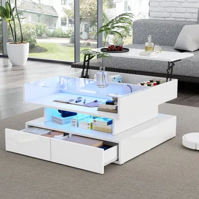 A modern living room with a white coffee table featuring LED lighting and hidden storage.