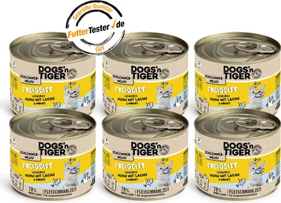 Produktbild von Dogs’n Tiger Adult, Katzenfutter, Freigeist, Katzen Nassfutter, Getreidefrei, Huhn, Lachs & Karotte, 6x200g