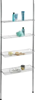 A chrome-plated multi-tiered shelf unit with various bathroom products on its shelves.