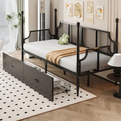 Produktbild von STILVORA Schlafsofa Metallbett 90×200 mit matratze und Ablagefächern,Kinderbett mit Schubladen,Bettgetsell Jugendbett
