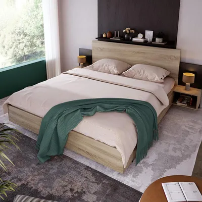 Produktbild von Merax Doppelbett Bettanlage 160 x 200cm mit 2 Nachtkommoden, Modernes Holzbett inkl. 2 Nachttischen, Sonoma Eiche