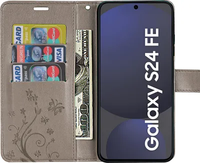 A wallet-style phone case with slots for cards and cash, open to reveal a phone screen.