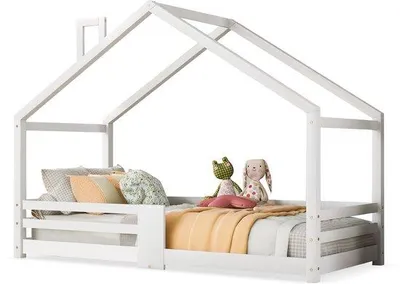 Imagen del producto de Cama infantil con forma de casa de madera, con chimenea - 209 x 96 x 142,5 cm - Blanca - Incluye somier y barandillas de seguridad, sin colchón - Ideal para habitaciones infantiles - Madera natural