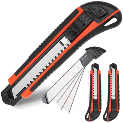 Produktbild von 3 Stück Cuttermesser inkl. 12 Kohlenstoffstahl Klingen 18mm | Profi Abbrechklinge Kartonmesser Allzweckmesser