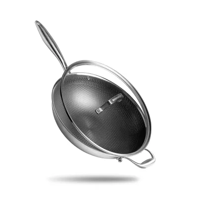 Produktbild von Reishunger Premium Wok aus Edelstahl - 32 cm Durchmesser - Mit Glasdeckel - Für alle Herdarten, Induktionsgeeignet - Antihaftbeschichtung