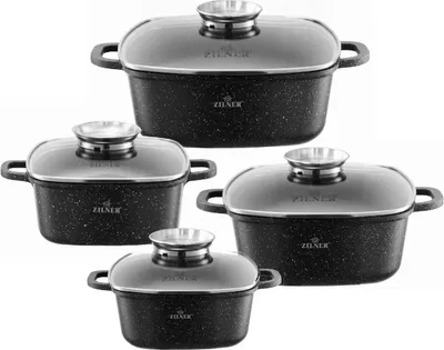 A set of four black speckled pots with glass lids and silver handles, arranged in a staggered formation against a white background.