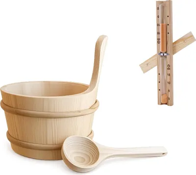 Produktbild von Harvia Sauna-Set Basic Aufgusseimer mit Saunakelle und Sanduhr aus Holz