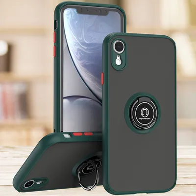Obrázek produktu pro Pouzdro pro iPhone XR matné průsvitné TPU pouzdro s prstencovým držákem a stojánkem tmavě zelená
