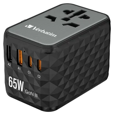 Immagine prodotto di Adattatore da viaggio Verbatim Eu/Uk/Us Gan2Xusb-A/2Xusb-C Pd 65W Uta-05 Nero/Nero 32120