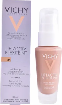 A product shot of a Vichy foundation bottle and its packaging.