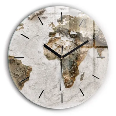 Produktbild von Wallfluent Große Wanduhr – Stilles Quarzuhrwerk - Uhr Dekoration Wohnzimmer Schlafzimmer Küche - Zifferblatt mit Striche - schwarze Zeiger - 60 cm - Alte Weltkarte