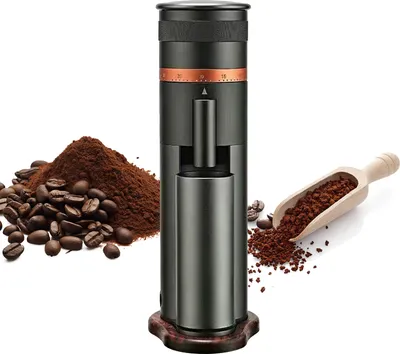 Obrázek produktu pro Elektrický mlýnek na kávu, kryt z hliníkové slitiny, 38 mm, 7jádrový mlýnek na espresso z nerezové oceli, ve tvaru teček, nastavitelná rychlost mletí, kapacita 30 g kávových zrn, s dřevěnou základnou, magnetický kryt, odnímatelný zásobník na prášek