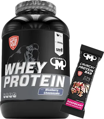 Produktbild von Mammut Nutrition - Whey Protein 3000 g Dose - 120 Portionen Eiweiß + GRATIS Protein Bar (Raspberry White Chocolate), Geschmack: Blueberry Cheesecake