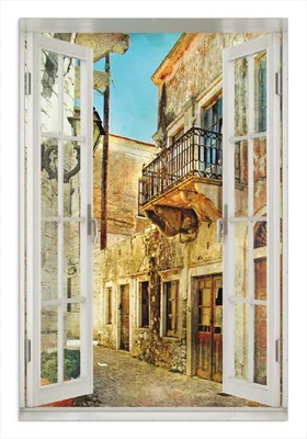 Produktbild von Wallario Wandbild mit Fenster-Illusion: Gasse im Süden, Urlaub in Griechenland, Größe: 61 x 91,5 cm, Poster mit rahmenlosen Bildhalter