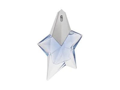 A star-shaped perfume bottle with a silver cap against a white background.