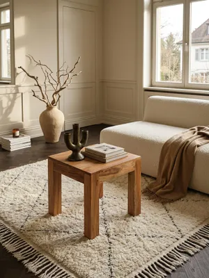 Produktbild von Couchtisch Massiv-Holz Akazie 45 cm breit Wohnzimmer-Tisch Design braun Landhaus-Stil Beistelltisch Natur-Produkt Wohnzimmermöbel Unikat modern Massivholzmöbel Echtholz quadratisch