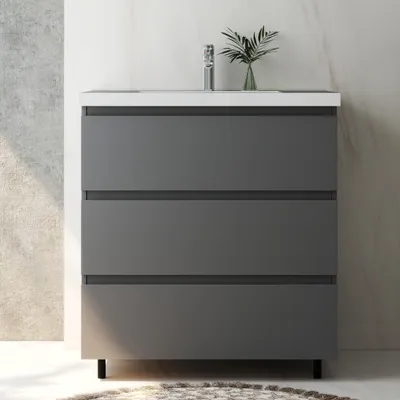Produktbild von Badmöbel Set 80 cm Alast Dunklegrau Waschbecken mit Unterschrank Hängeschrank mit Schrankfüße Softclose