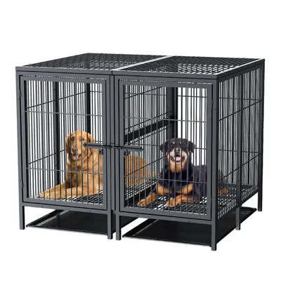 Produktbild von Hundekäfig, 48" x 32" x 33", Robustes Eisenmaterial, Doppeltür-Design, Abnehmbare Schubladen, Geeignet für große Hunderassen
