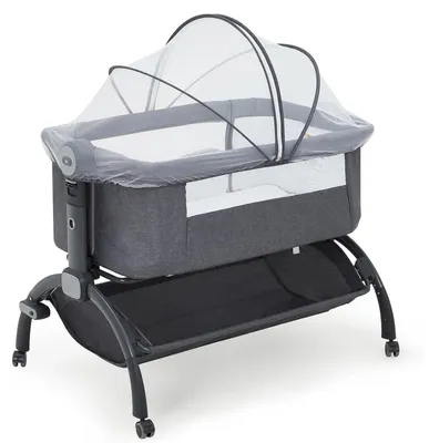 Produktbild von Baby-Beistellbett - 3-in-1 Beistellbett/Reisebett - Abnehmbares Moskitonetz - Aufbewahrungskorb - Rollen - Höhenverstellbar - Metallrahmen - Grau