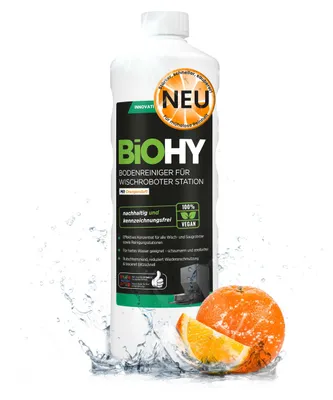 Produktbild von BiOHY Bodenreiniger für Wischroboter Station mit Orangenduft, Reiniger für Reinigungsstationen, Für hartes Wasser geeignet, Nicht schäumender Bodenreiniger, -Konzentrat – 1 x 1 Liter Flasche