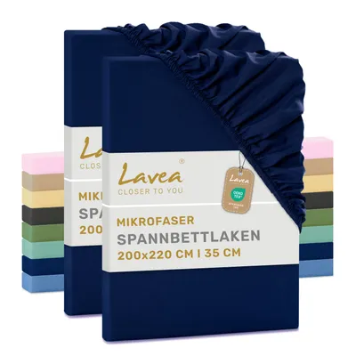 Produktbild von Lavea® 2er Set Spannbettlaken 200x220 cm aus Mikrofaser, Bettlaken mit Rundumgummi, für Matratzen bis 35 cm, atmungsaktiv und kühlend - Navyblau