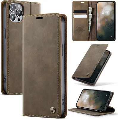 Immagine prodotto di Custodia in pelle per iPhone 12 Pro Max, protezione RFID, chiusura magnetica, slot per carte e funzione stand Marrone