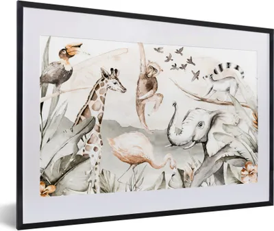 Produktbild von MuchoWow® MuchoWow® Gerahmtes Poster Wasserfarben - Tiere - Dschungel - Jungen - Mädchen - Kinder - Kinder 60x40 cm - Poster mit zchwarzem Bilderrahmen - Schlafzimmer - Plakat in Rahmen - Drucken