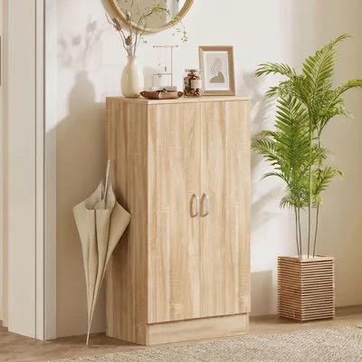 Produktbild von Soft-Close-Scharniere, Schuhschrank mit 2 Türen, 6 verstellbare Regalböden, Spanplatte, Naturholz  |  Größe bis 45  |  14 Paar  |  55 x 35 x 108 cm