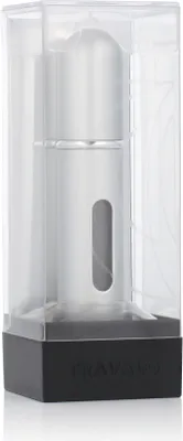 A silver perfume atomizer in a clear plastic case with a black base.