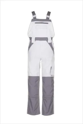 A pair of white and gray overalls is shown against a white background.