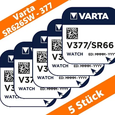 Produktbild von 5 x Varta 377 SR626SW Uhren Batterie Knopfzelle SR66 SR626 AG4 1,55V Silberoxid
