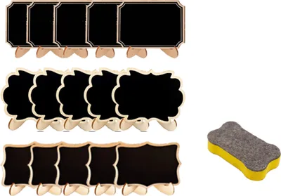 Produktbild von 15 Stück Mini-Kreidetafeln mit Ständer, kleine Tafeln aus Holz mit Radiergummi und Staffeleiständer. Löschbare Tafeln für Hochzeiten, Partys, Buffets, Tischnummern, Essensschilder und Dekorationen für besondere Anlässe