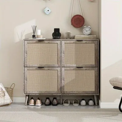 Immagine prodotto di Armadio per scarpe – Contenitore per scarpe in grigio retrò con 4 ante, ripiani a giorno e design elegante