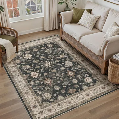 Image de Tapis pour salon, 120x170 cm, lavable, à poils courts, noir, motif vintage