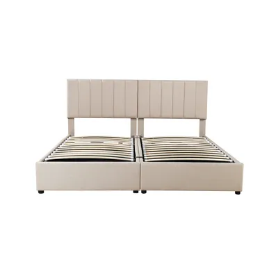Produktbild von Merax Polsterbett 180x200cm, hydraulisches Boxspringbett mit Lattenrost und Stauraum, Doppelbett Holzbett Zwei Einzelbett Jugendbett Leinen, Beige