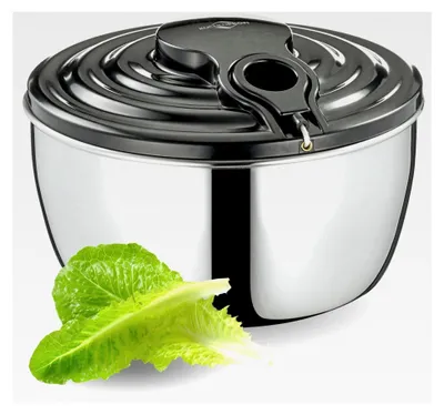 Produktbild von Salatschleuder WAVE aus Edelstahl, Handschleuder mit Seilzug, Salatschüssel mit Deckel, Basisplatte und Korb, zerlegbar für einfache Reinigung, Inhalt 3,25 L, Ø 24,5 cm