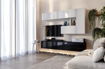 Produktbild von TV-Wohnwand Set mit 7 Schränken, Weiß Hochglanz, Schwarz Hochglanz, modern für das Wohnzimmer, 210 x 177 cm