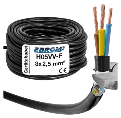 Produktbild von 15 Meter - EBROM - H05VV-F 3x2,5 mm² PVC Schlauchleitung, schwarz - Gerätekabel, LED Kabel, flexible Leitung, 3G2,5 mm2 Kunststoffschlauchleitung, Kabel für Haushaltsgeräte, Stromleitung, Stromkabel