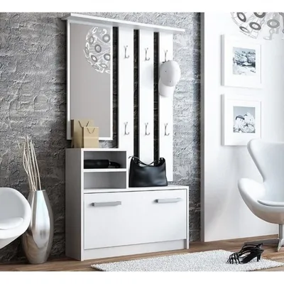A white entryway cabinet with a mirror and coat rack against a gray textured wall.