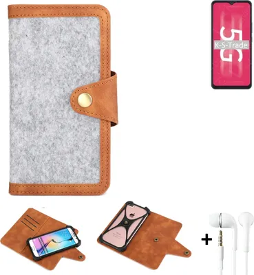 Produktbild von K-S-Trade Handyhülle + Kopfhörer kompatibel mit ZTE Blade 20 5G Schutzhülle Filz Hülle Kunstleder hellgrau braun (1x)