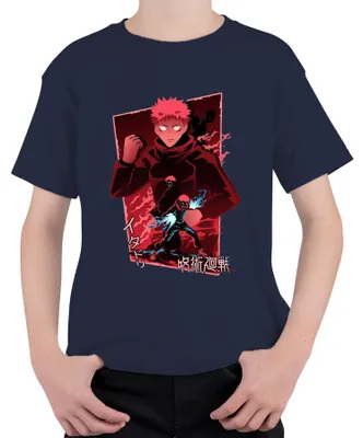 Imagen del producto de Camiseta de manga corta para niños y niñas, diseño de anime "Jujutsu Kaisen" con la imagen de Itadori Yuji, estilo oscuro y con llamas, color azul marino, talla 152