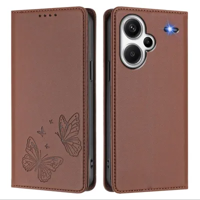 Produktbild von Lederhülle für Xiaomi Redmi Note 13 Pro+, Schmetterling Prägung Leder Brieftasche Schutzhülle mit Ständer Braun