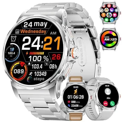 Produktbild von Militär Smartwatch Herren, 1,43-Zoll-AMOLED-Smartwatch mit Bluetooth-Anruf, 3 Armbänders, IP68 Wasserdicht/Herzfrequenz/Schlafmonitor, 120+ Sportmodi Outdoor Sportuhrfür Android iOS, Silber