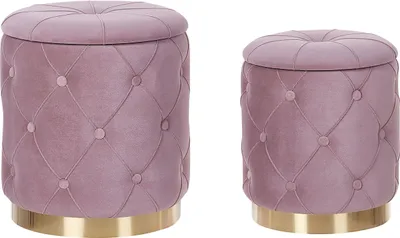 Produktbild von BELIANI Pouf 2er Set Rosa Samtstoff Gesteppt mit Stauraum Goldener Metallring Runde Form Chesterfield Stil Retro Wohnzimmer Schlafzimmer Flur Modern