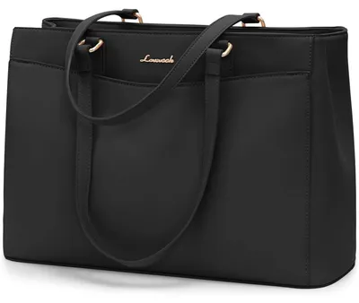 Image de Grande sacoche pour ordinateur portable, pour femmes, 17 pouces, noire, en cuir synthétique (PU), sac de travail, sac à bandoulière