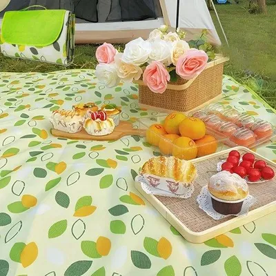 Produktbild von Wasserdichte Picknickdecke, zusammenfaltbar, 200 x 200 cm, mit Tragegriff, grün, mit Blättermuster