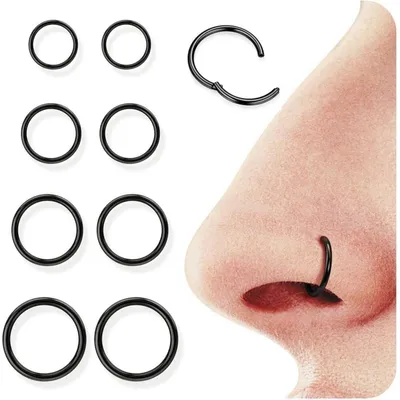 Obrázok produktu pre Sada piercingových krúžkov Nasenpiercing, 8 kusov, 16G/18G, 316L chirurgická oceľ, krúžky na septum, priemer 6-12 mm, farby: čierna, zlatá, strieborná