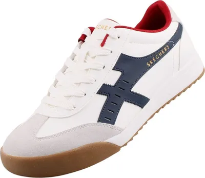 A single white sneaker with navy blue and red accents is shown against a white background.