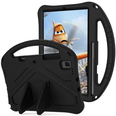 Two black tablet cases are shown, one in the foreground and one in the background, with a tablet screen visible in the background case.
